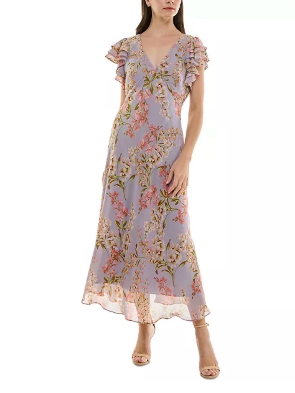 Taylor Lavender Floral V-Neck Ruffle Sleeve Midi Dress Sz 4P nwt